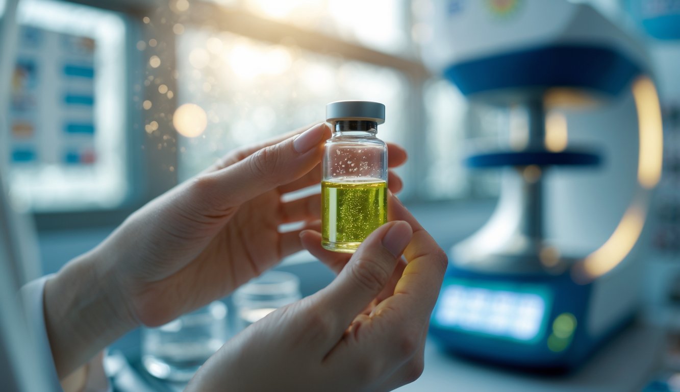 Close-up of a scientist holding a small vial of liquid in a laboratory with scientific equipment in the background.
