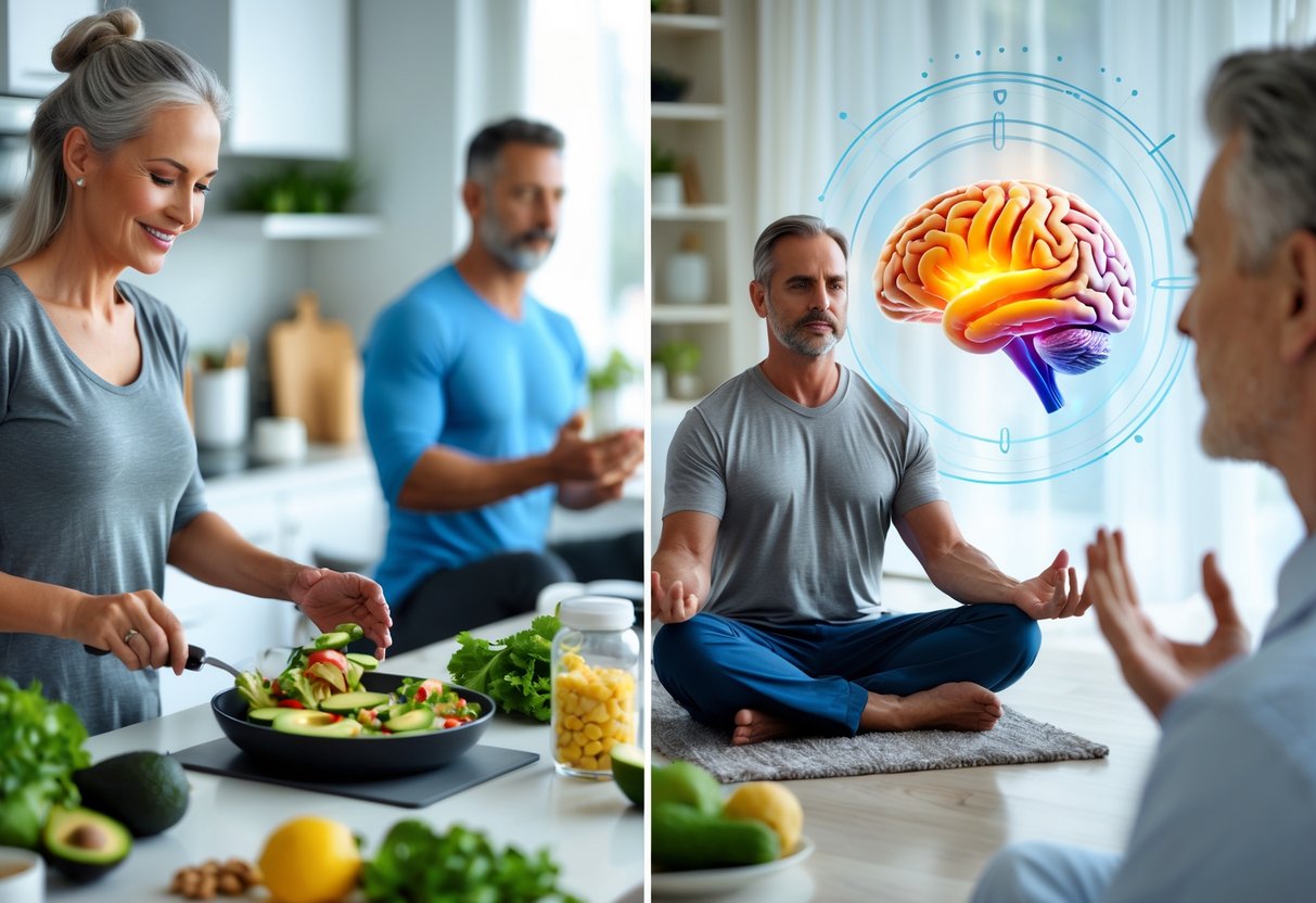 A diverse group of adults preparing healthy food, meditating, and a close-up of a human brain model with glowing neural pathways, symbolizing brain and body health.