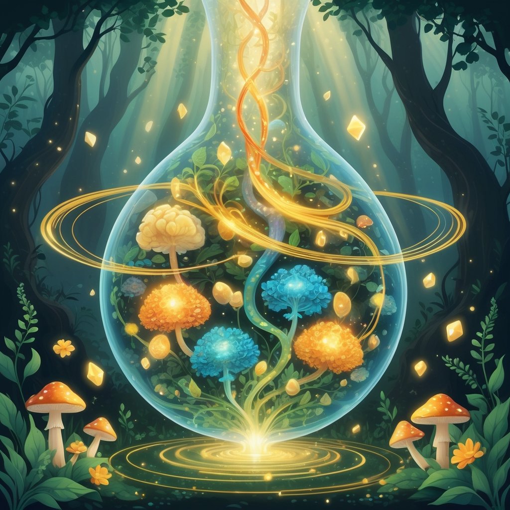 A glowing orb shaped like a stomach contains luminous microorganisms surrounded by natural plants and crystals, set in a peaceful forest with light beams and swirling patterns.