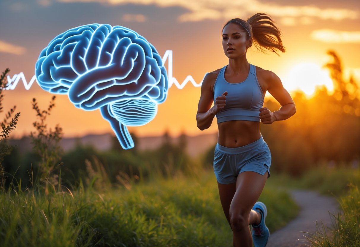 A fit person jogging outdoors at sunrise with glowing abstract symbols representing brain activity and metabolism in the background.