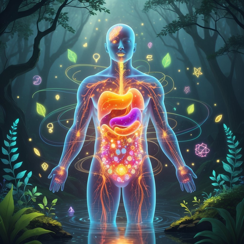 A glowing human figure with a bright, colorful gut area surrounded by floating lights and symbols in a peaceful forest setting.