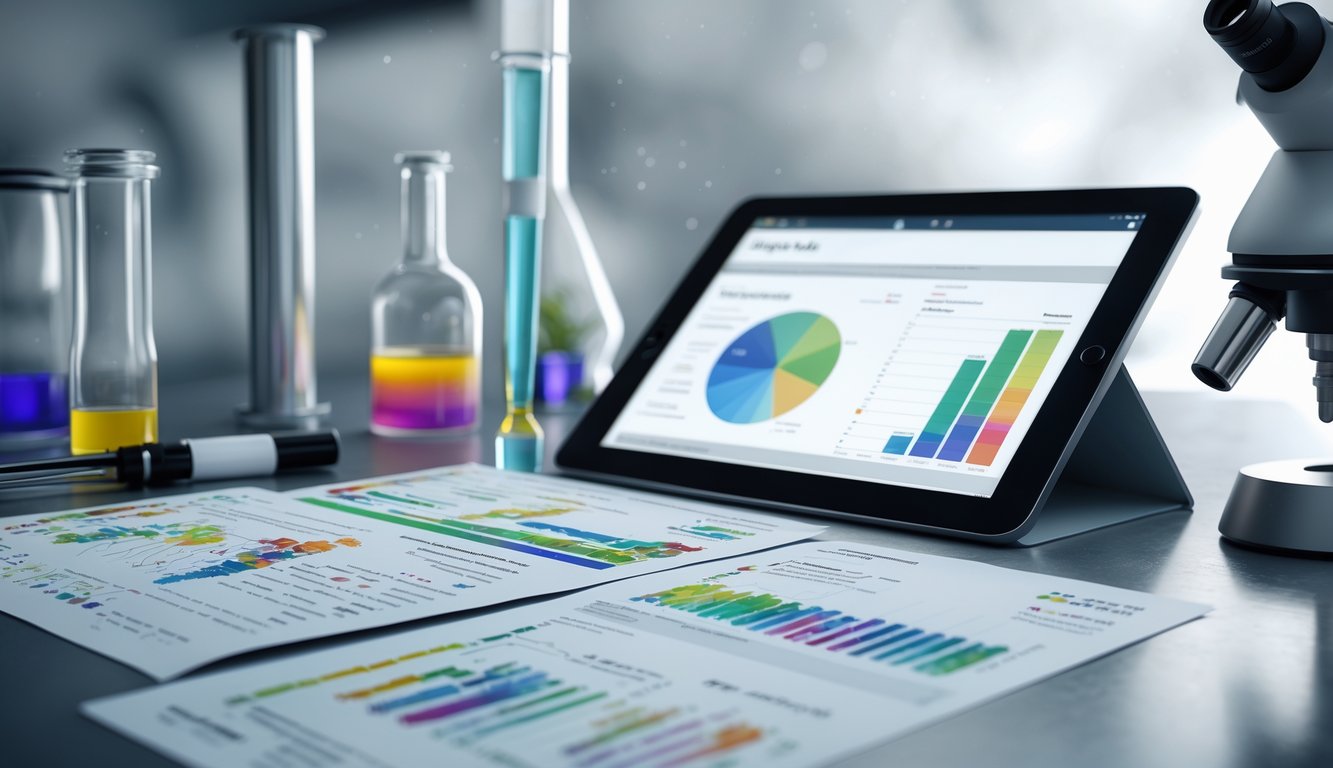 Close-up of a laboratory workspace with micronutrient test results, a digital tablet showing nutrition plans, scientific tools, and glass vials.