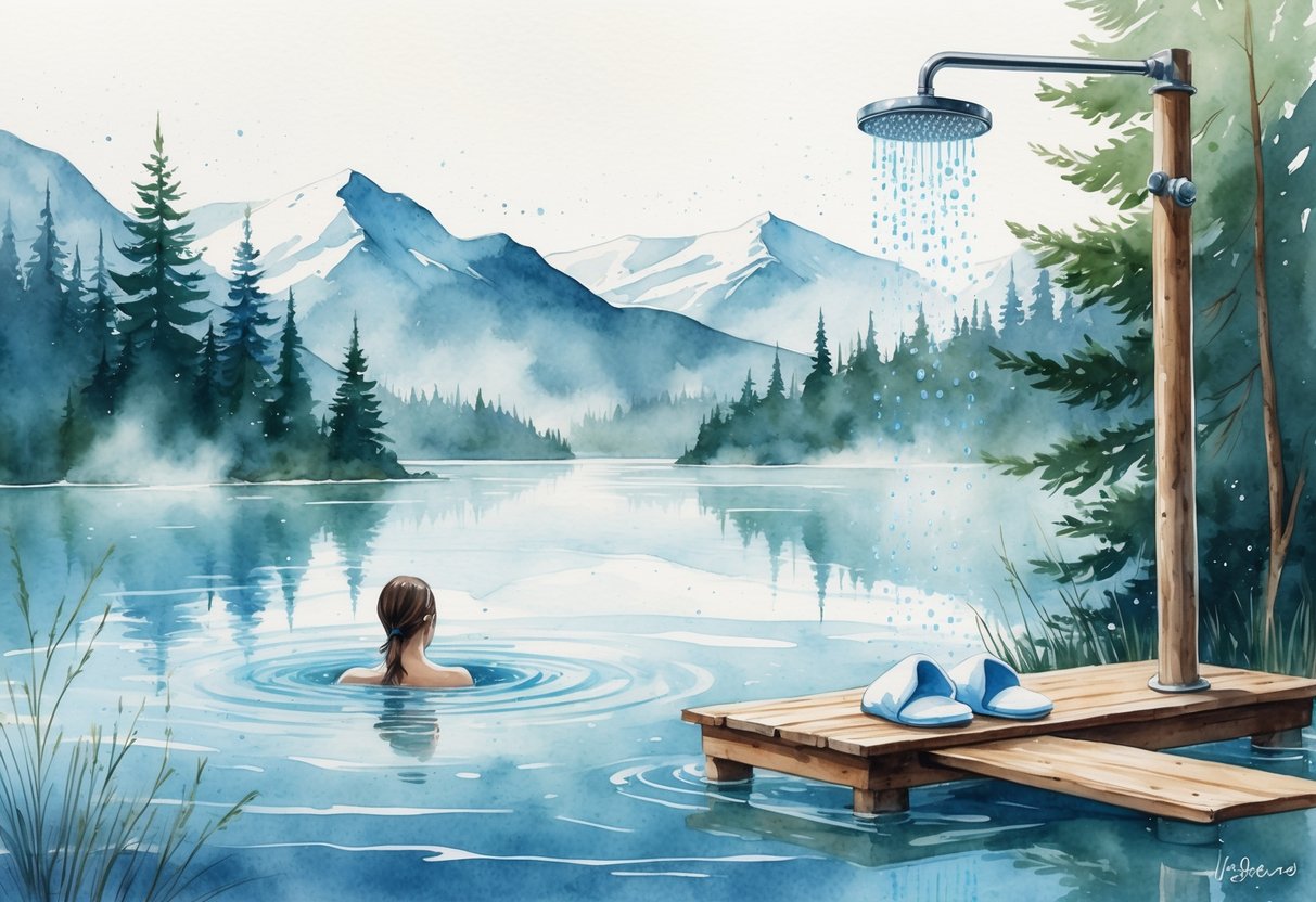 A person immersed in a cold lake surrounded by mountains and trees, with a wooden dock and a cold outdoor shower nearby.
