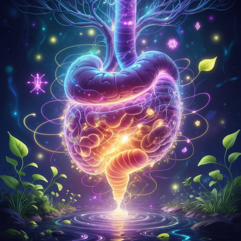 A glowing human gut surrounded by tiny luminous organisms and natural elements, set against a cosmic background symbolizing health and resilience.