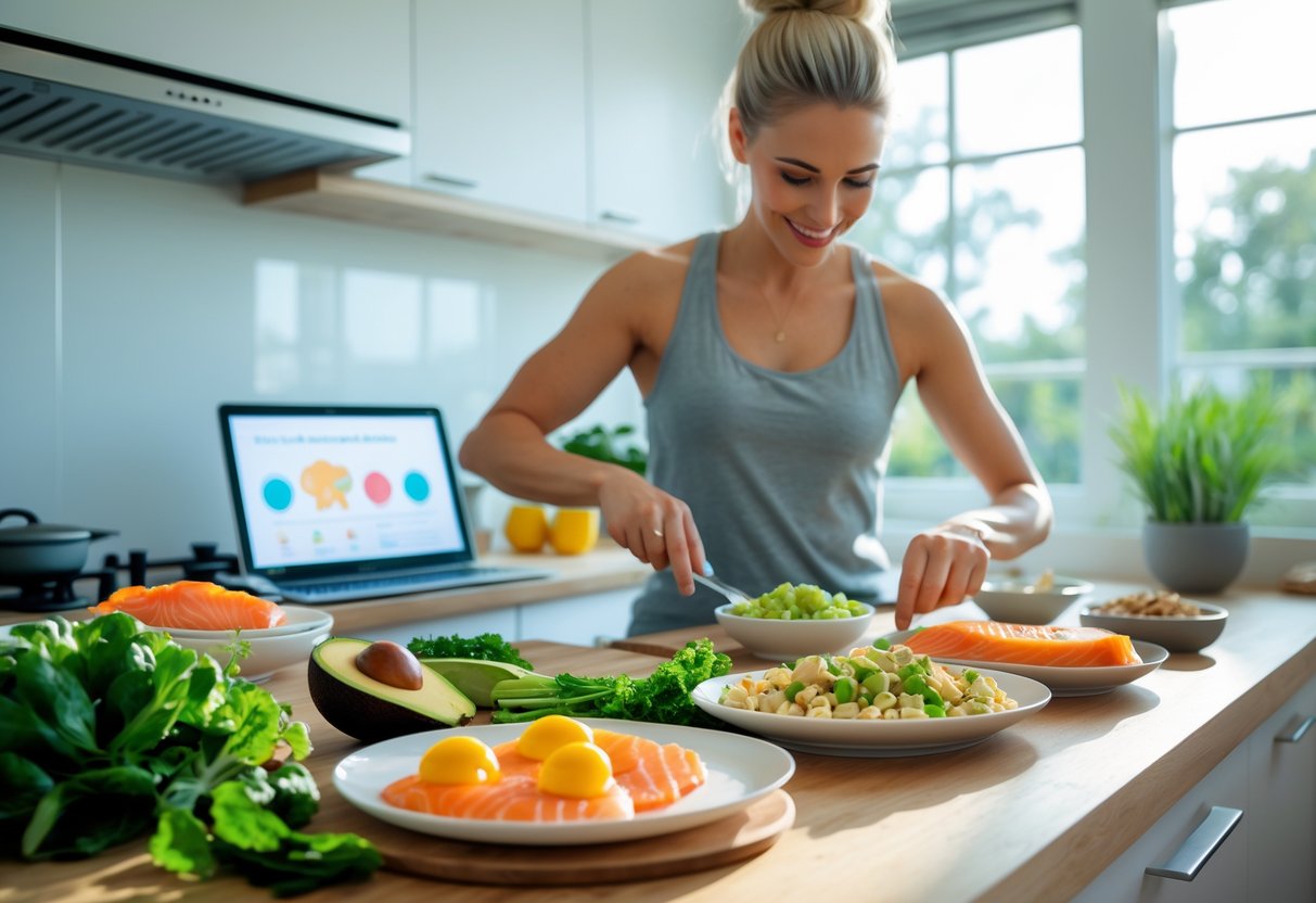 A person preparing a healthy ketogenic meal in a bright kitchen with fresh keto foods like avocados, eggs, nuts, and salmon on the counter.