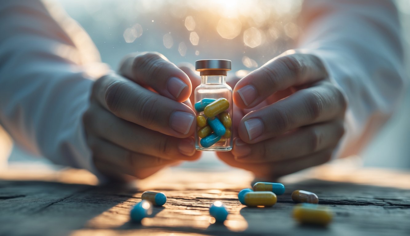 Close-up of hands holding a small vial filled with colorful capsules over a wooden table.