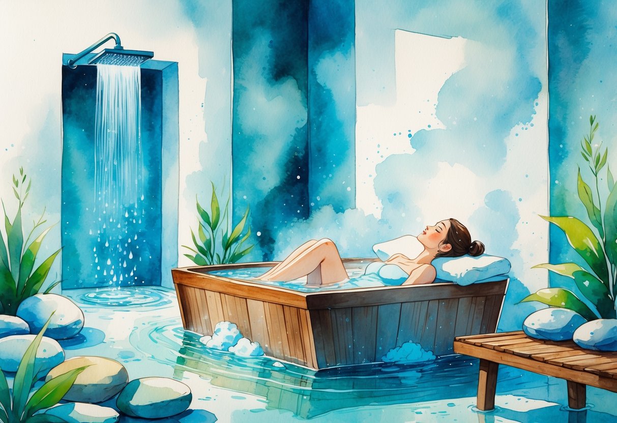 A person relaxing in an ice-filled wooden tub next to a cold water shower in a peaceful spa setting with plants and stones.