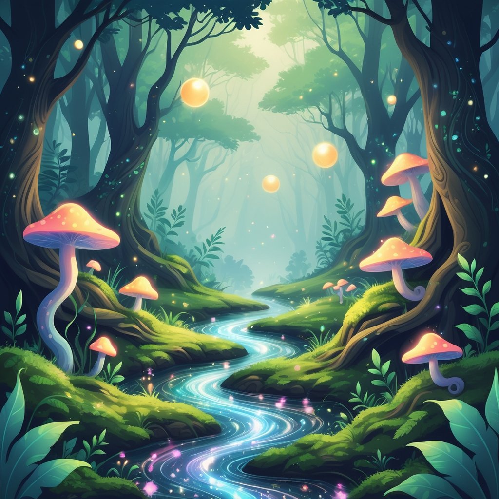 A glowing enchanted forest with oversized plants, translucent fungi, sparkling streams, and floating lights symbolizing natural health and balance.