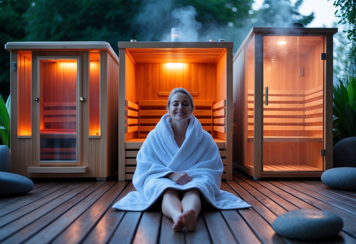 Three different types of saunas with a person relaxing inside, surrounded by natural elements and soft steam.