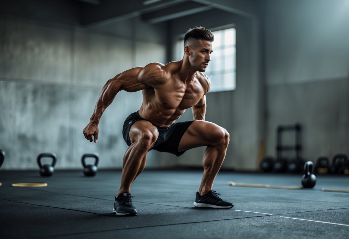 A fit athlete performing a high-intensity exercise in a gym, with workout equipment and textured walls in the background.
