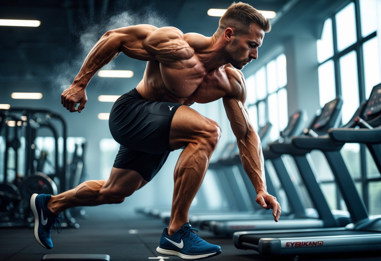 A fit athlete performing a high-intensity exercise in a modern gym, captured mid-motion with natural light and visible sweat.