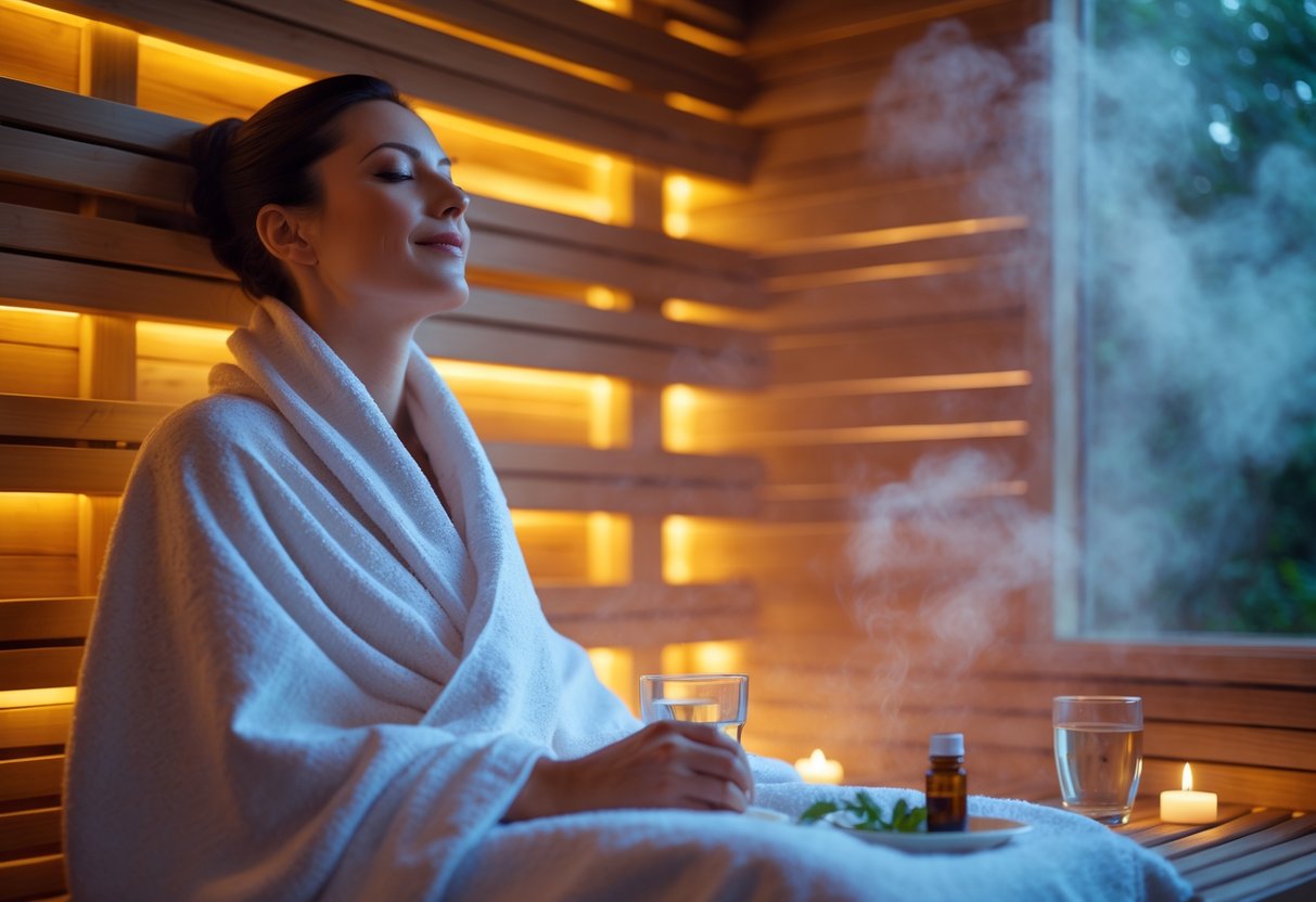 A person sitting relaxed inside a wooden sauna with warm lighting and steam, surrounded by spa elements like water and essential oils.