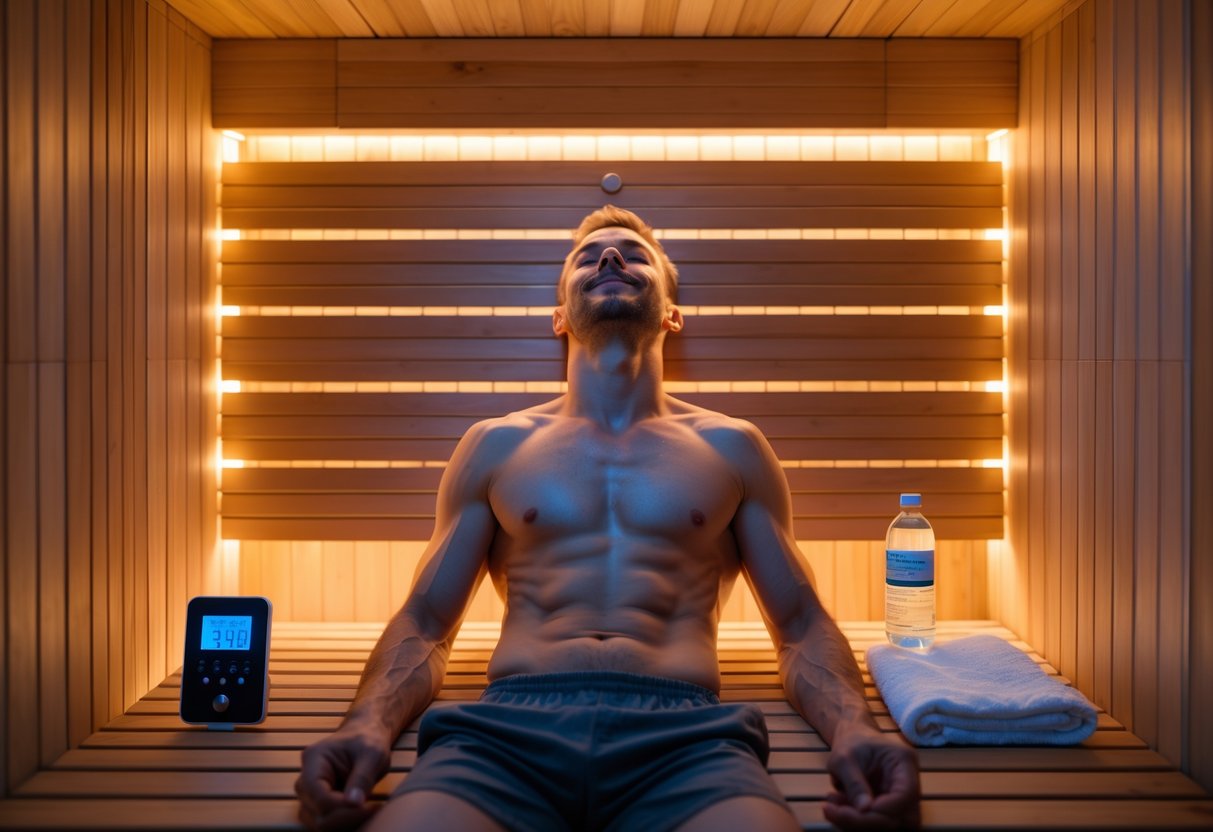 A person relaxing inside a modern sauna with wooden walls and soft lighting, surrounded by wellness items like a water bottle and digital thermometer.
