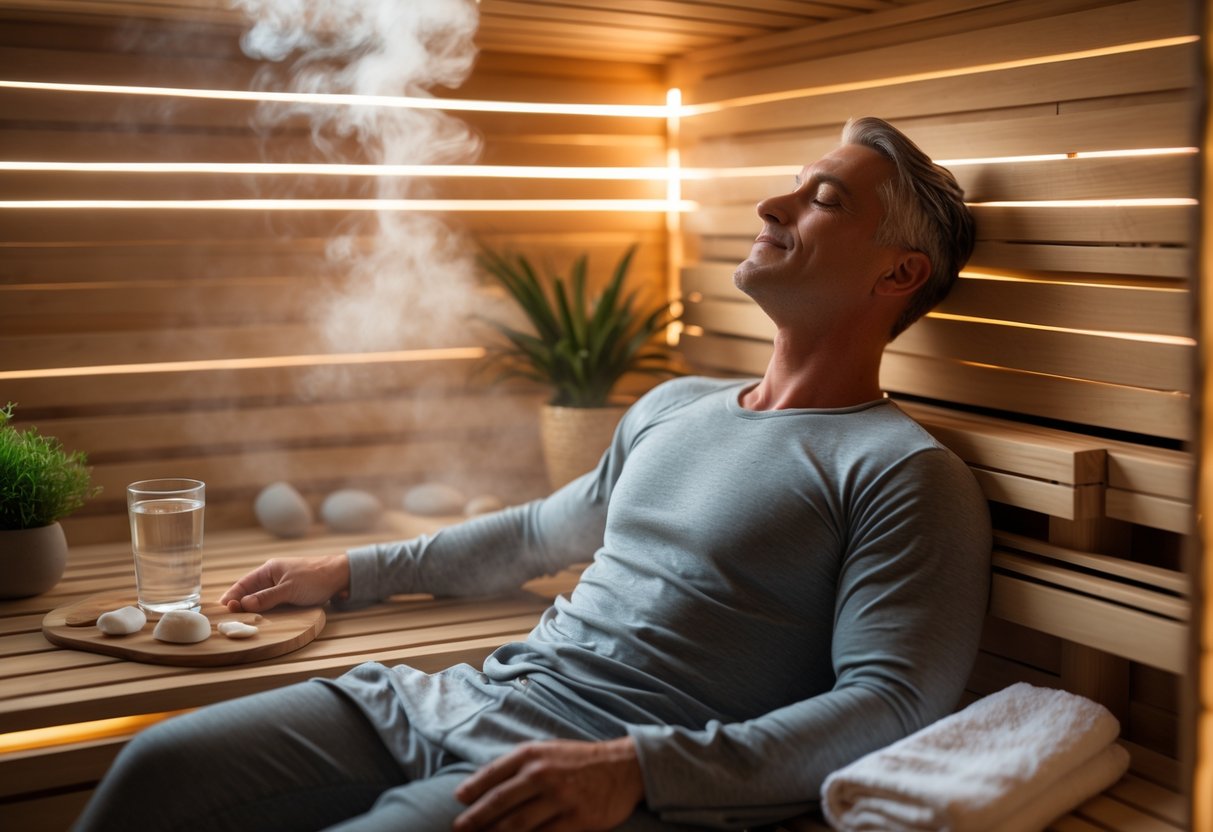 A person sitting peacefully inside a wooden sauna with steam, surrounded by natural elements like stones and plants.