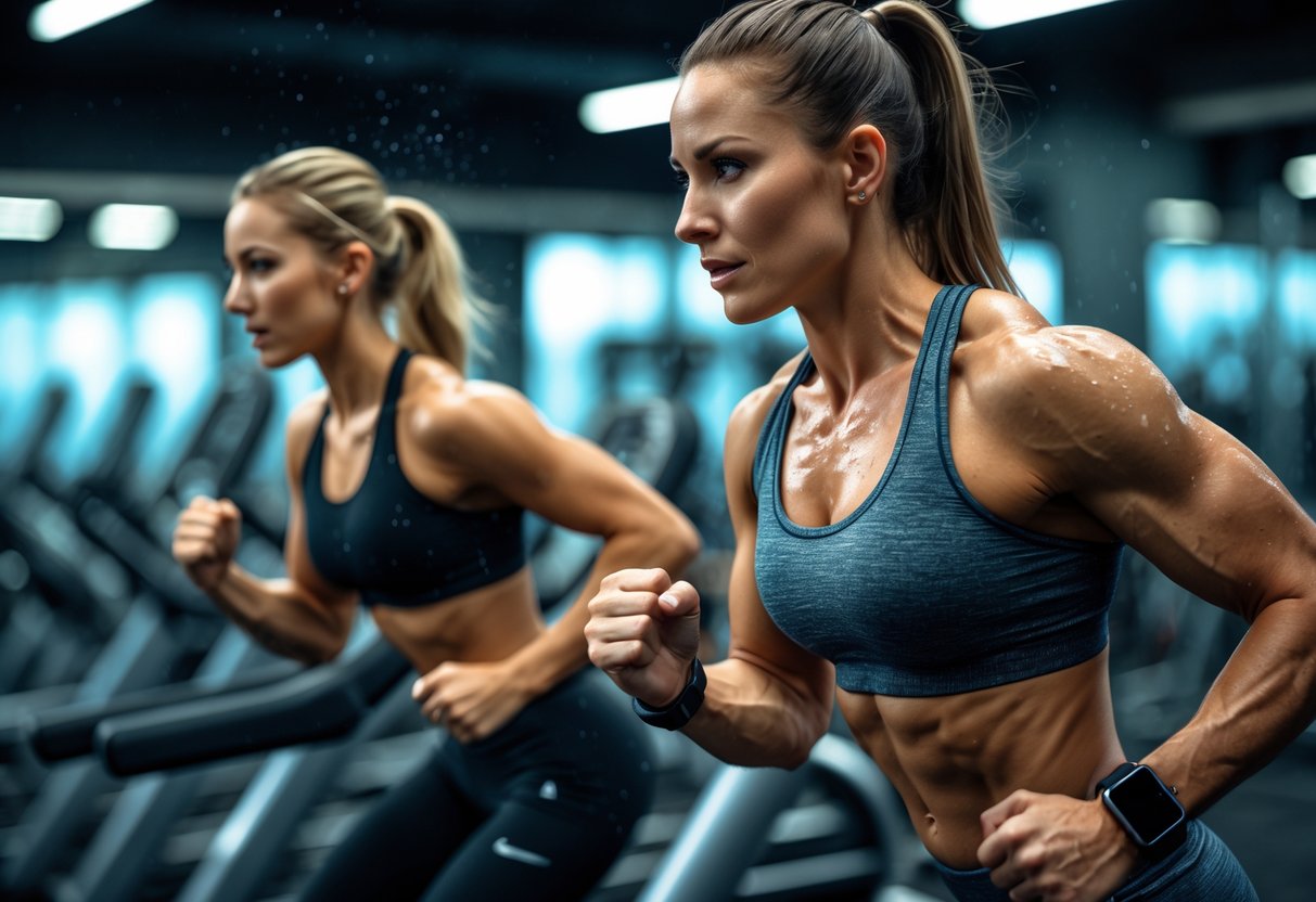 A man and woman performing intense interval training exercises in a gym, showing focused effort and movement with gym equipment in the background.