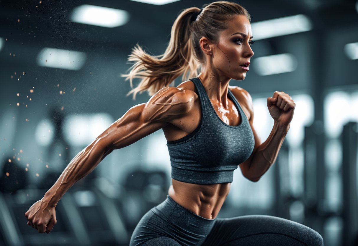 A fit woman mid-jump during a high-intensity workout in a gym, showing effort and determination.