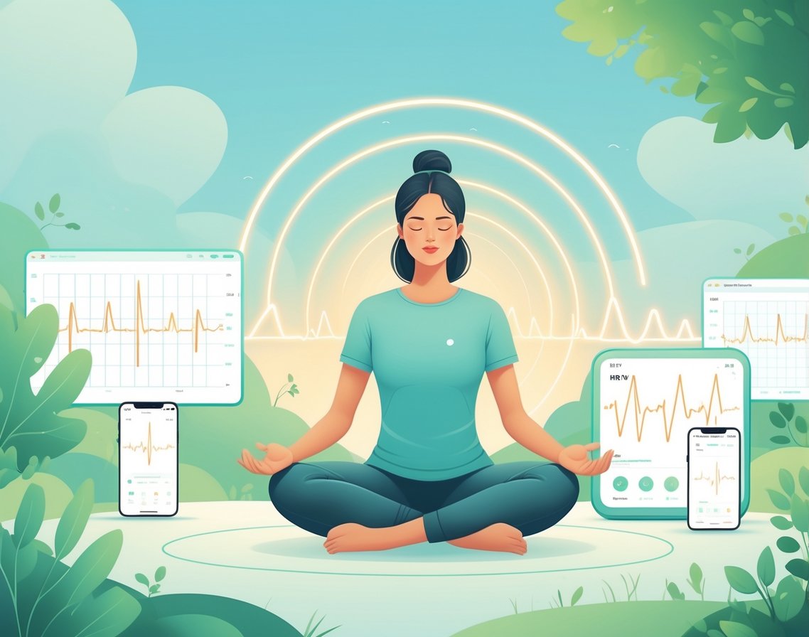 A calm person sitting cross-legged surrounded by flowing heartbeat lines, heart rate waveforms, and subtle technology icons in a peaceful natural setting.