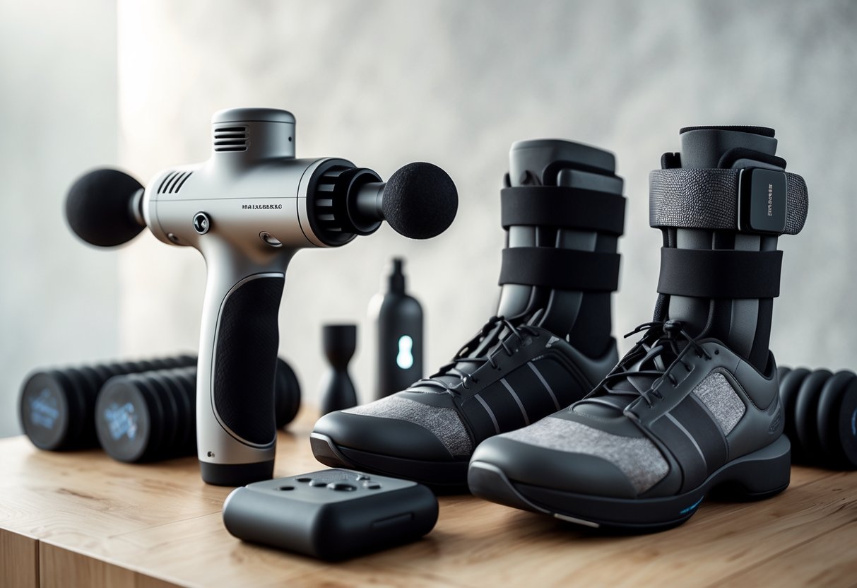 A close-up view of various biohacking recovery tools including a massage gun, compression boots, foam rollers, and a hydration bottle arranged on a wooden surface.