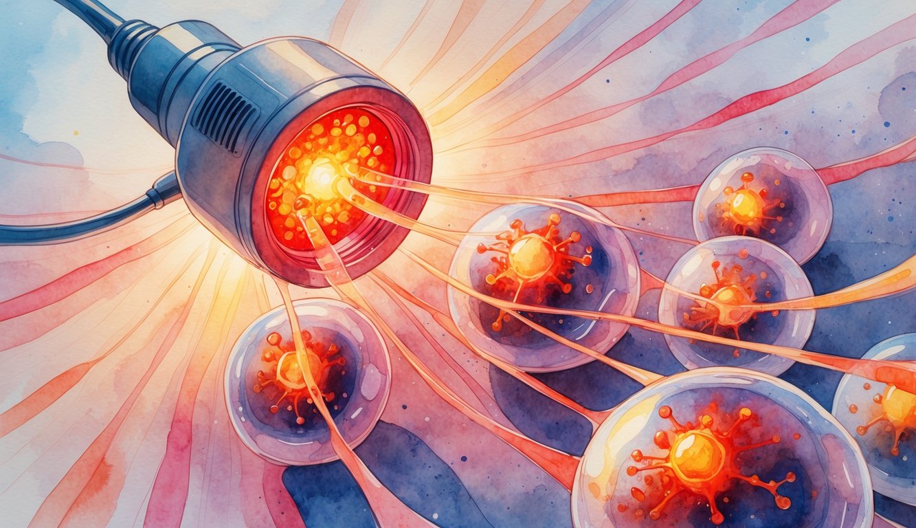 A glowing red light shining on human cells with visible mitochondria, symbolizing energy and healing.