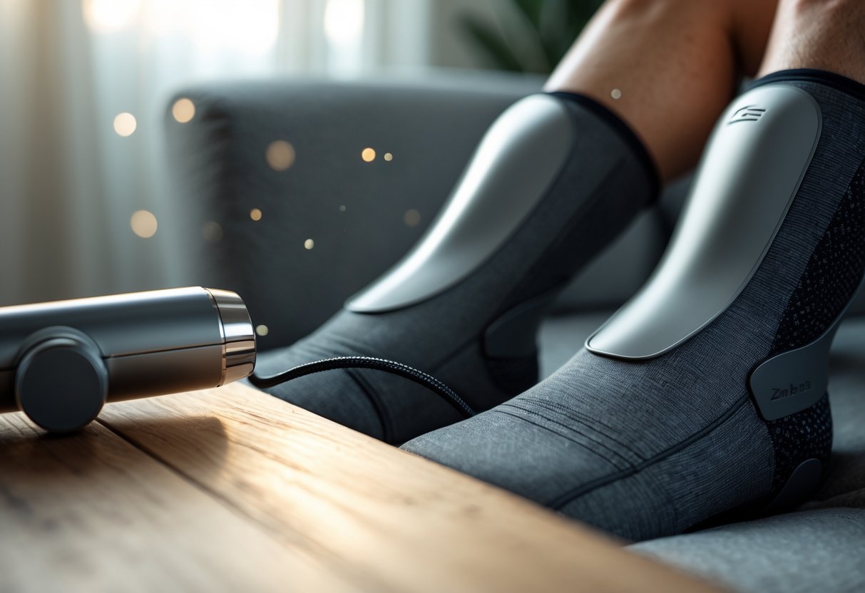 A person's legs resting inside compression boots with a massage gun on a wooden table nearby in a softly lit room.