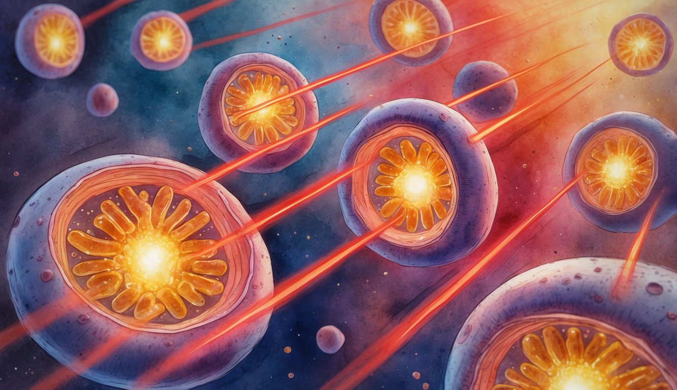 Close-up view of human cells with red light beams shining on them, highlighting energy-producing parts inside the cells.