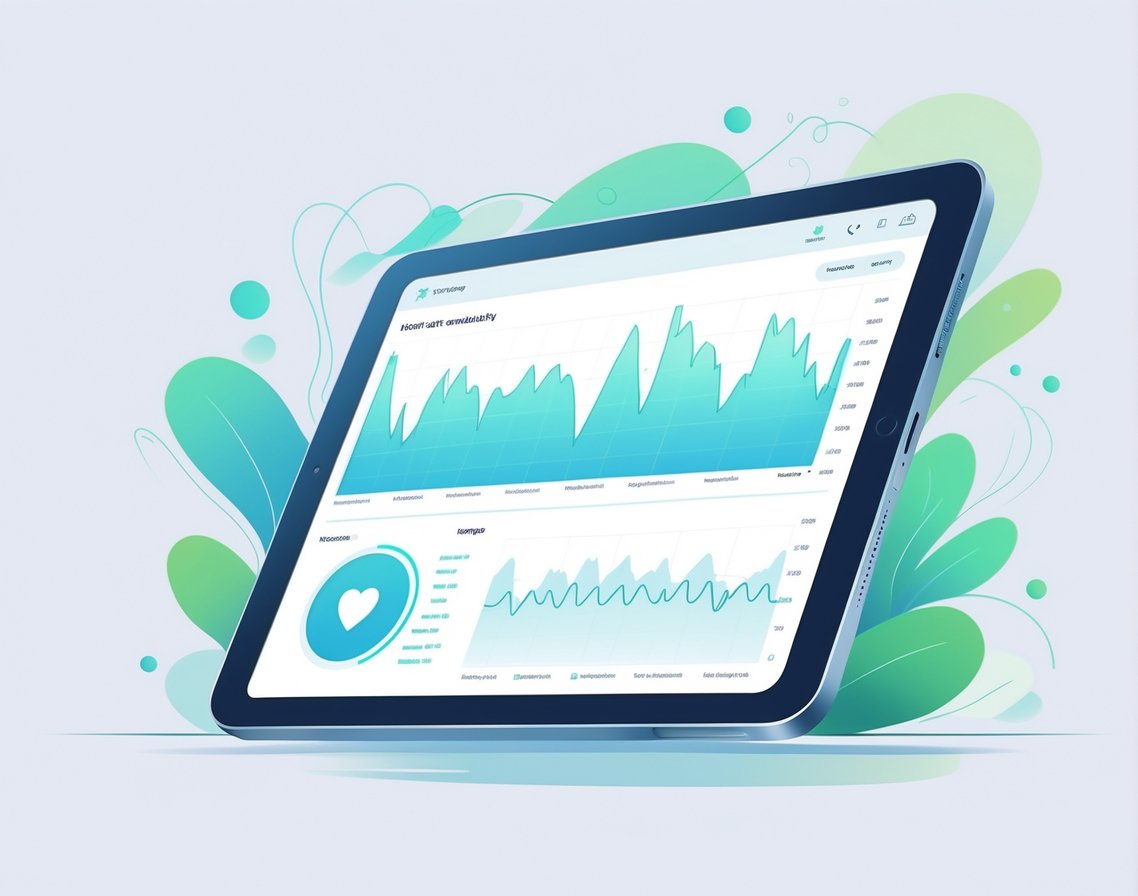 A digital health dashboard displaying heart rate variability graphs alongside a calm human figure with a glowing heart, symbolizing stress monitoring and management.