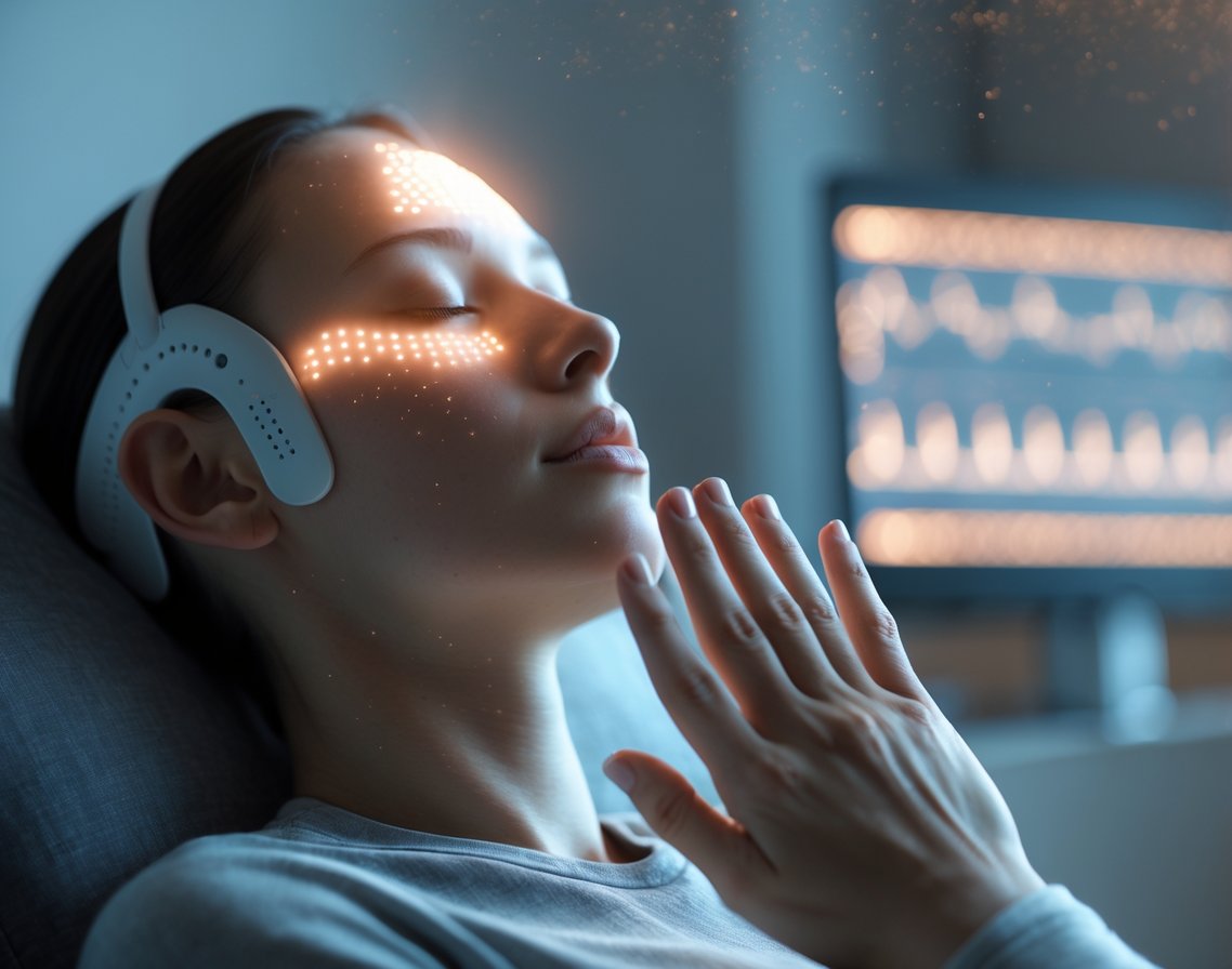 A person sitting calmly with biofeedback sensors attached to their forehead and fingers, eyes closed in concentration, with a digital monitor showing biofeedback data in the background.