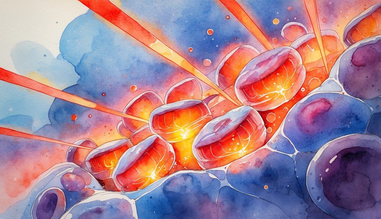 Close-up view of human cells illuminated by beams of red light, showing energy flowing through cellular structures.