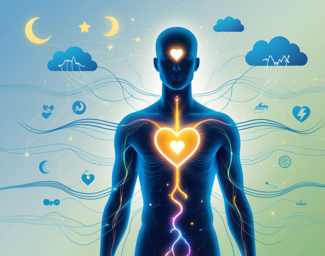 A human figure with a glowing heart surrounded by waves representing heart rate variability, with icons symbolizing sleep, exercise, nutrition, mindfulness, and stress around it.