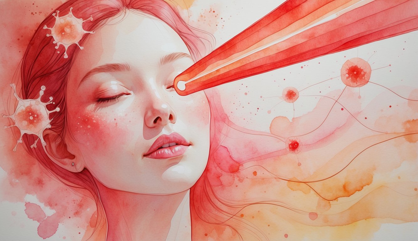 A glowing red light gently illuminating a youthful face surrounded by abstract cellular shapes and soft warm colors.