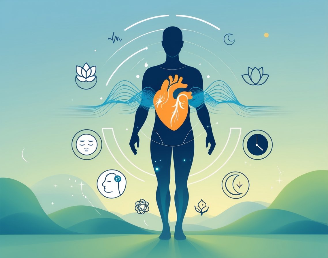 A human figure with a highlighted heart surrounded by flowing heart rate waves and icons representing stress relief techniques like deep breathing, meditation, exercise, and sleep.