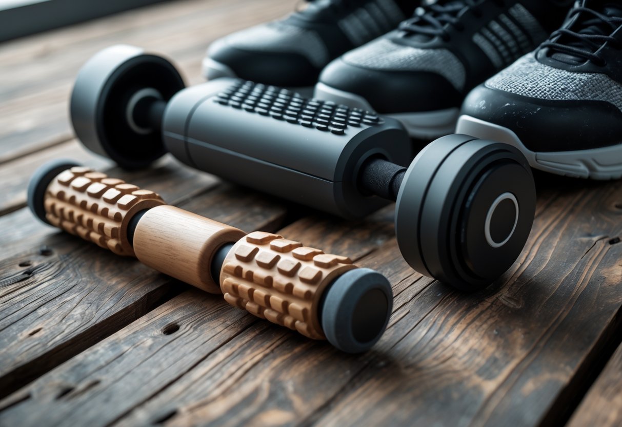 A close-up view of classic and modern recovery tools including a wooden massage roller, a black massage gun, and compression boots arranged on a wooden surface.