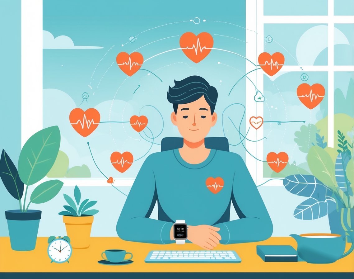 A person sitting at a desk wearing a smartwatch showing heart rate data, surrounded by graphical waveforms and heart icons, with calming elements like a cup of tea and a plant nearby.