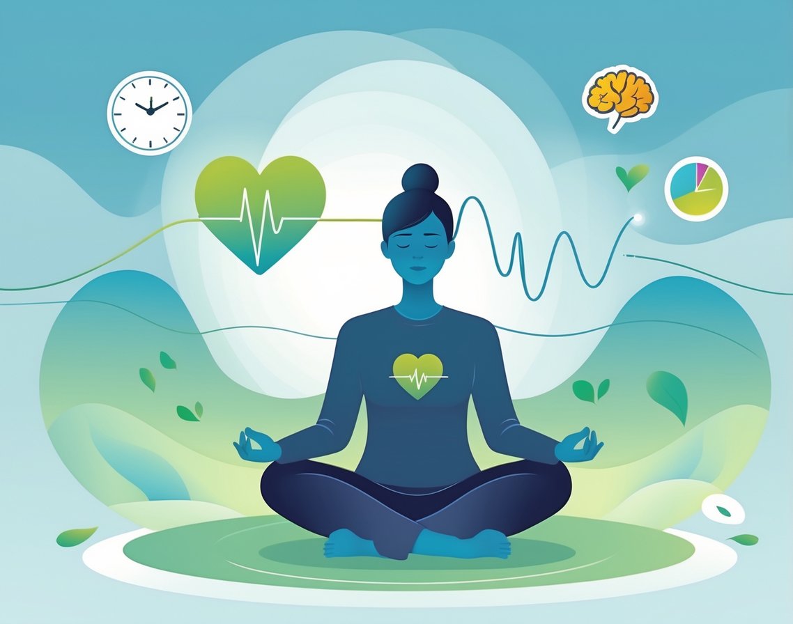 A calm person sitting cross-legged surrounded by heart and waveform symbols, with icons representing time, brain, and relaxation.