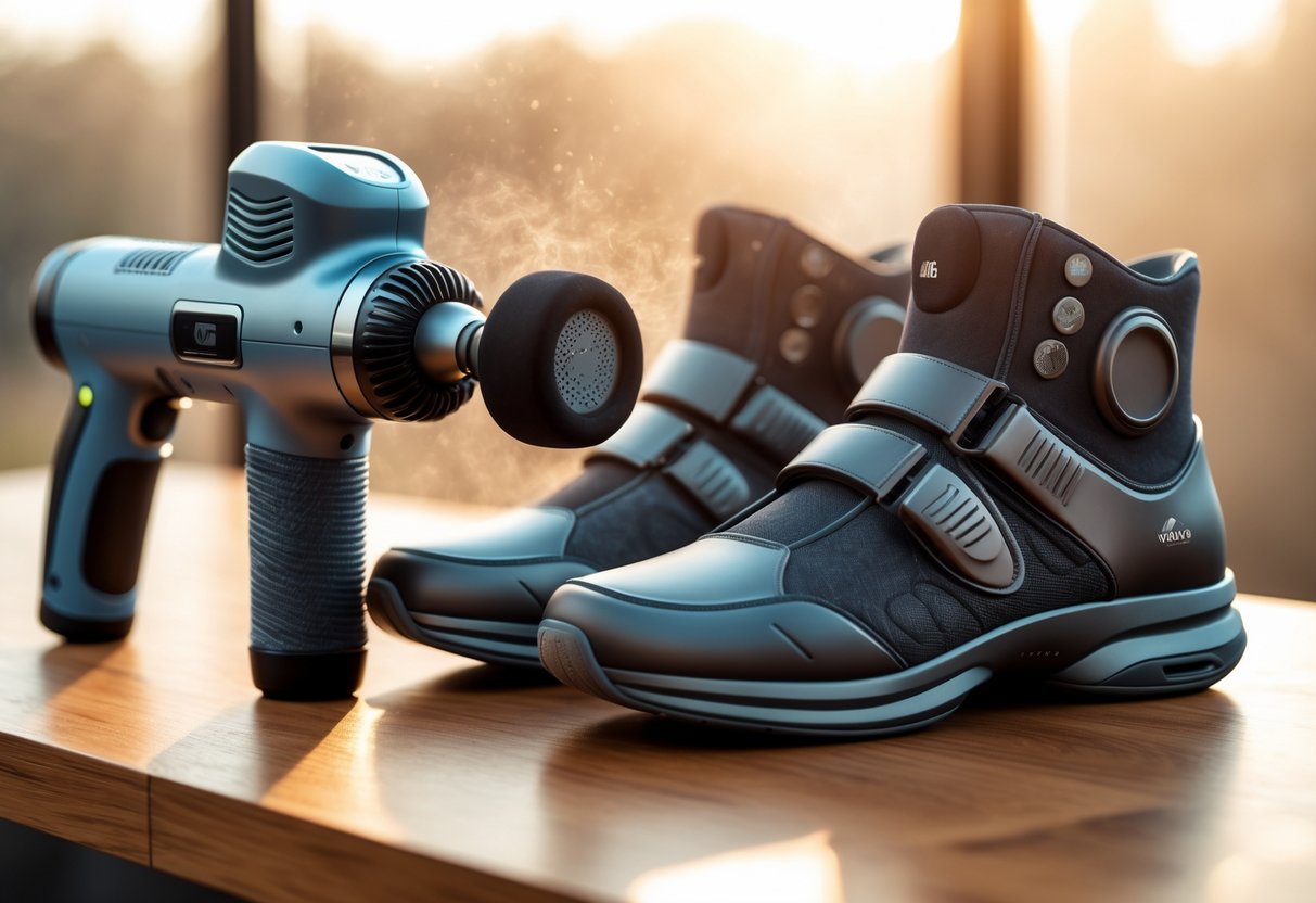 A close-up view of a massage gun and compression boots arranged on a wooden table with natural light and soft shadows.