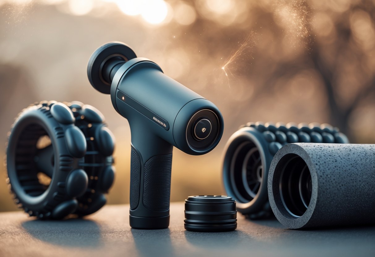 Close-up view of advanced recovery tools including a massage gun, compression boots, and a foam roller arranged on a surface.