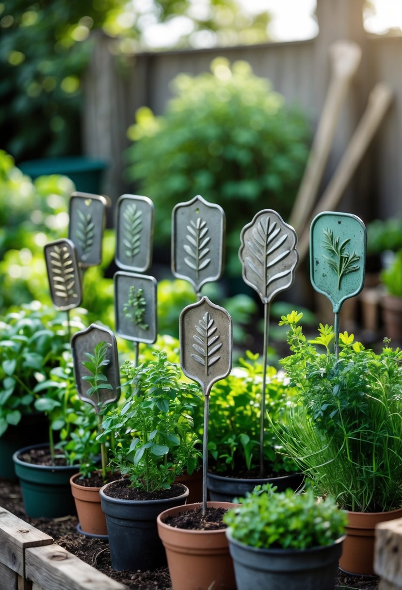 Ten vintage metal herb markers placed among green herb plants in a garden setting with soil and wooden garden beds.