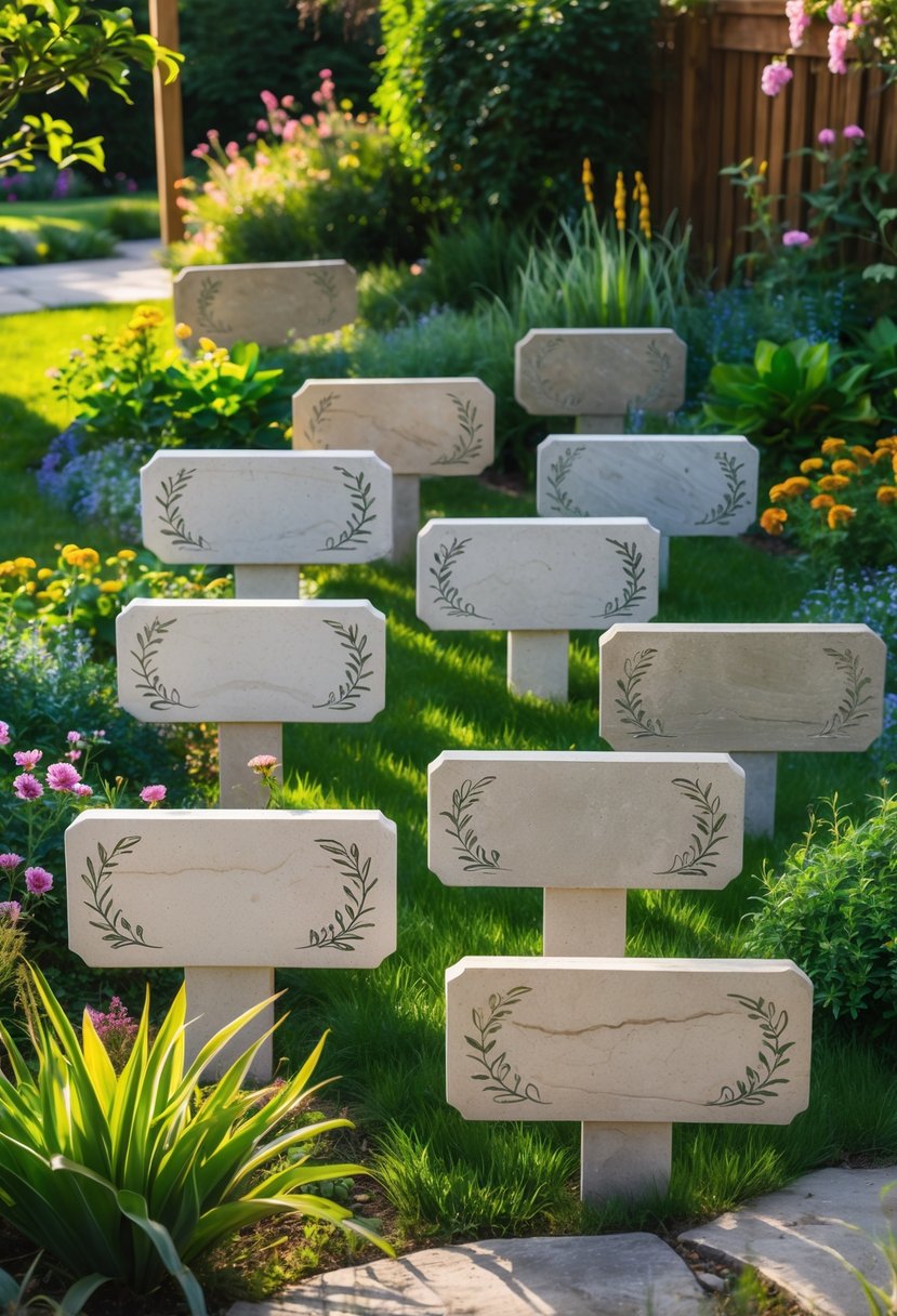 Ten stone garden signs with engraved designs displayed among plants and flowers in a garden.