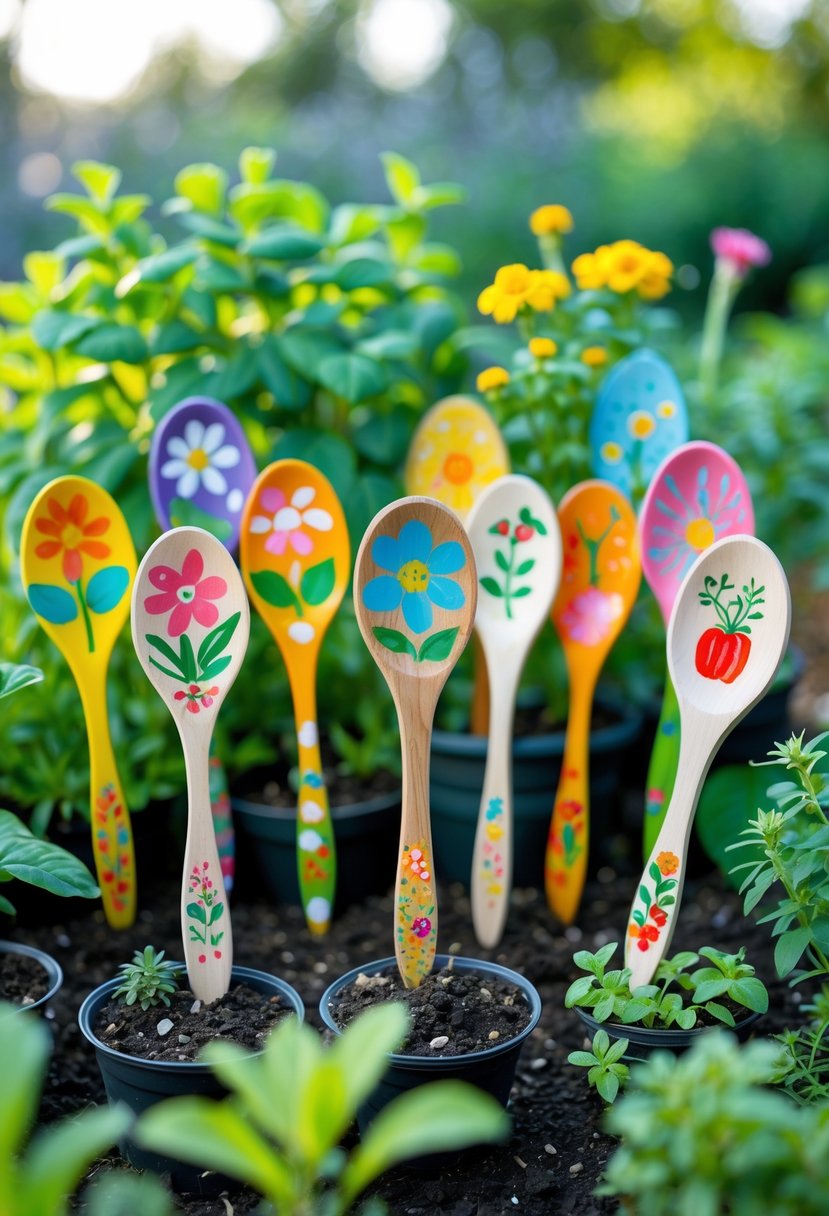 A collection of ten colorful painted wooden spoons used as plant labels placed in pots and soil among green plants in a garden.