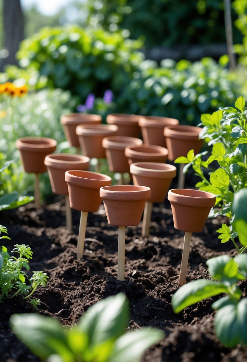 Ten small clay pots used as plant markers placed on wooden stakes in a garden bed with green plants and soil.