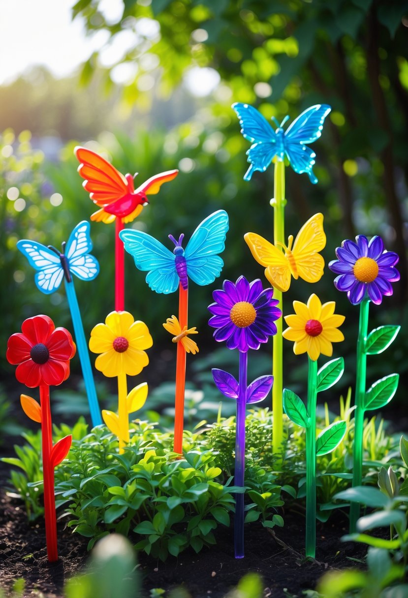 A garden bed with ten colorful resin garden stakes featuring various nature-inspired designs like flowers and butterflies among green plants.