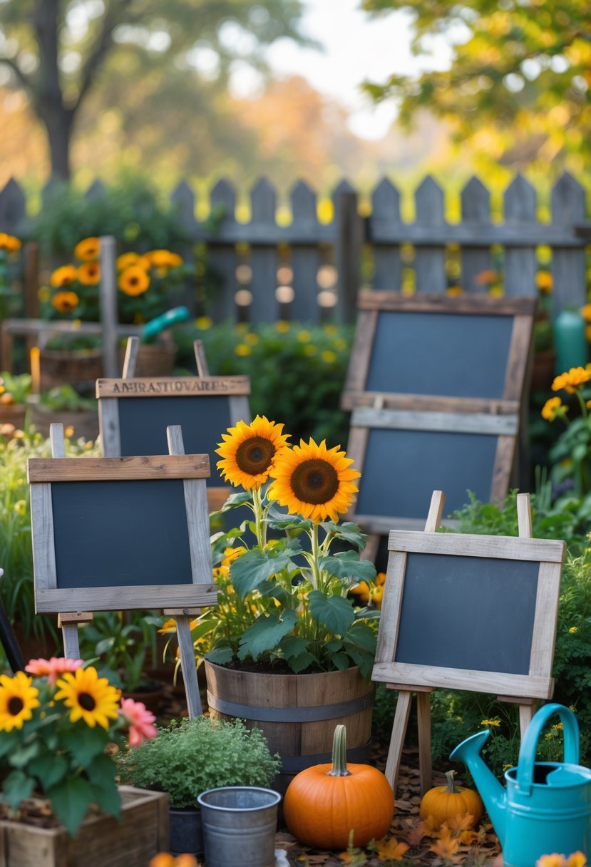 A garden scene with several rustic wooden chalkboard signs surrounded by seasonal plants and flowers.