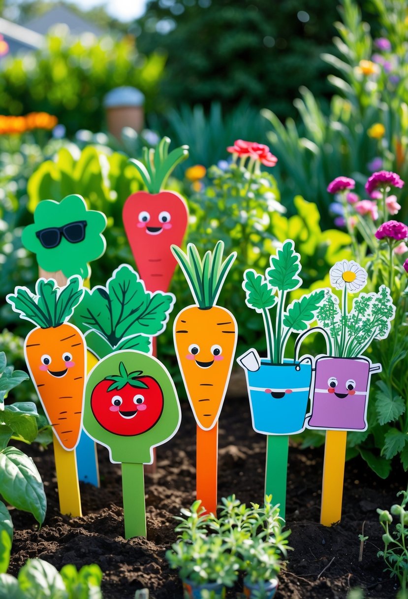 A colorful garden with various playful plant markers among green plants and flowers.