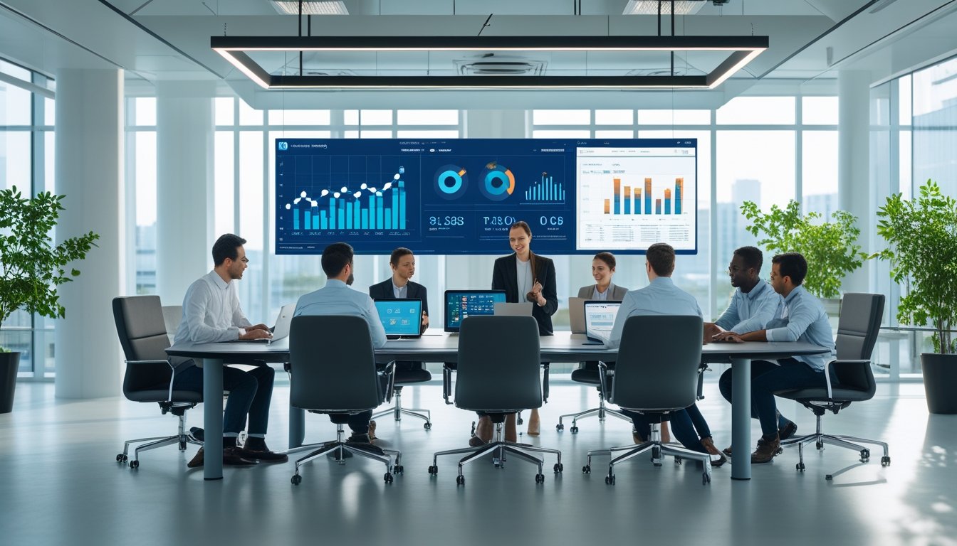 Suasana kantor modern dengan beberapa orang bekerja bersama menggunakan perangkat teknologi canggih di ruang terang dan nyaman.