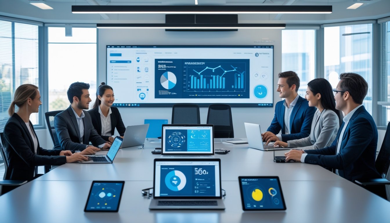 Sekelompok profesional bekerja sama di kantor modern dengan perangkat digital dan teknologi canggih untuk meningkatkan produktivitas.