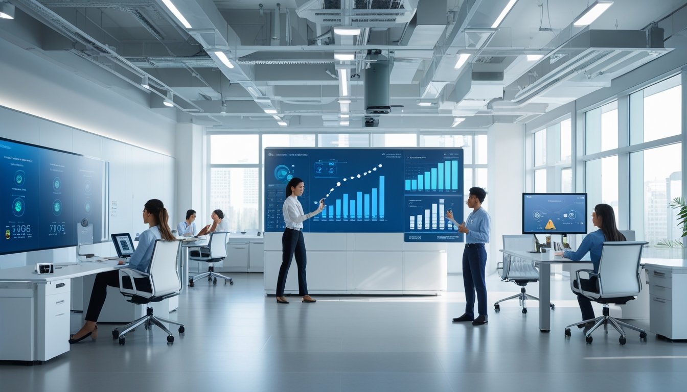 Suasana kantor modern dengan teknologi pintar, menampilkan perangkat digital dan karyawan yang bekerja bersama untuk meningkatkan produktivitas.