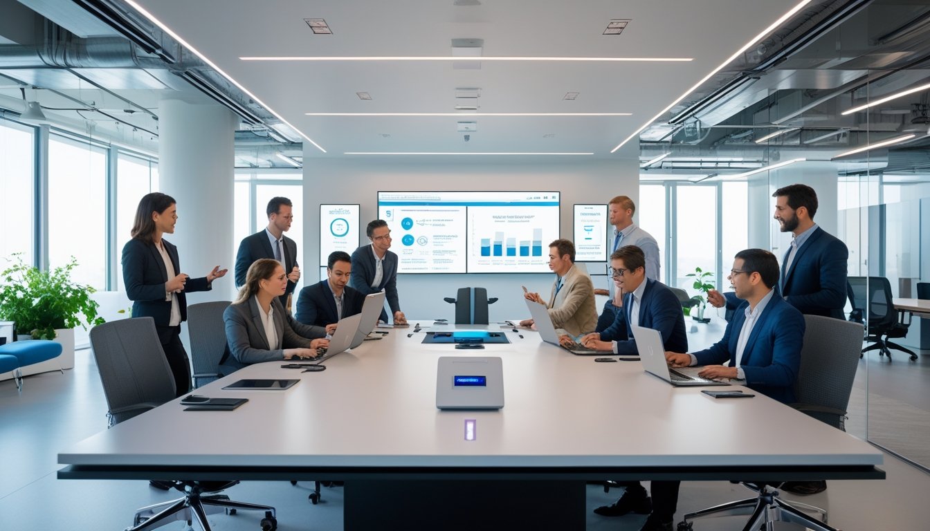 Sekelompok profesional bekerja sama di kantor modern dengan perangkat teknologi canggih untuk meningkatkan produktivitas dan efisiensi.