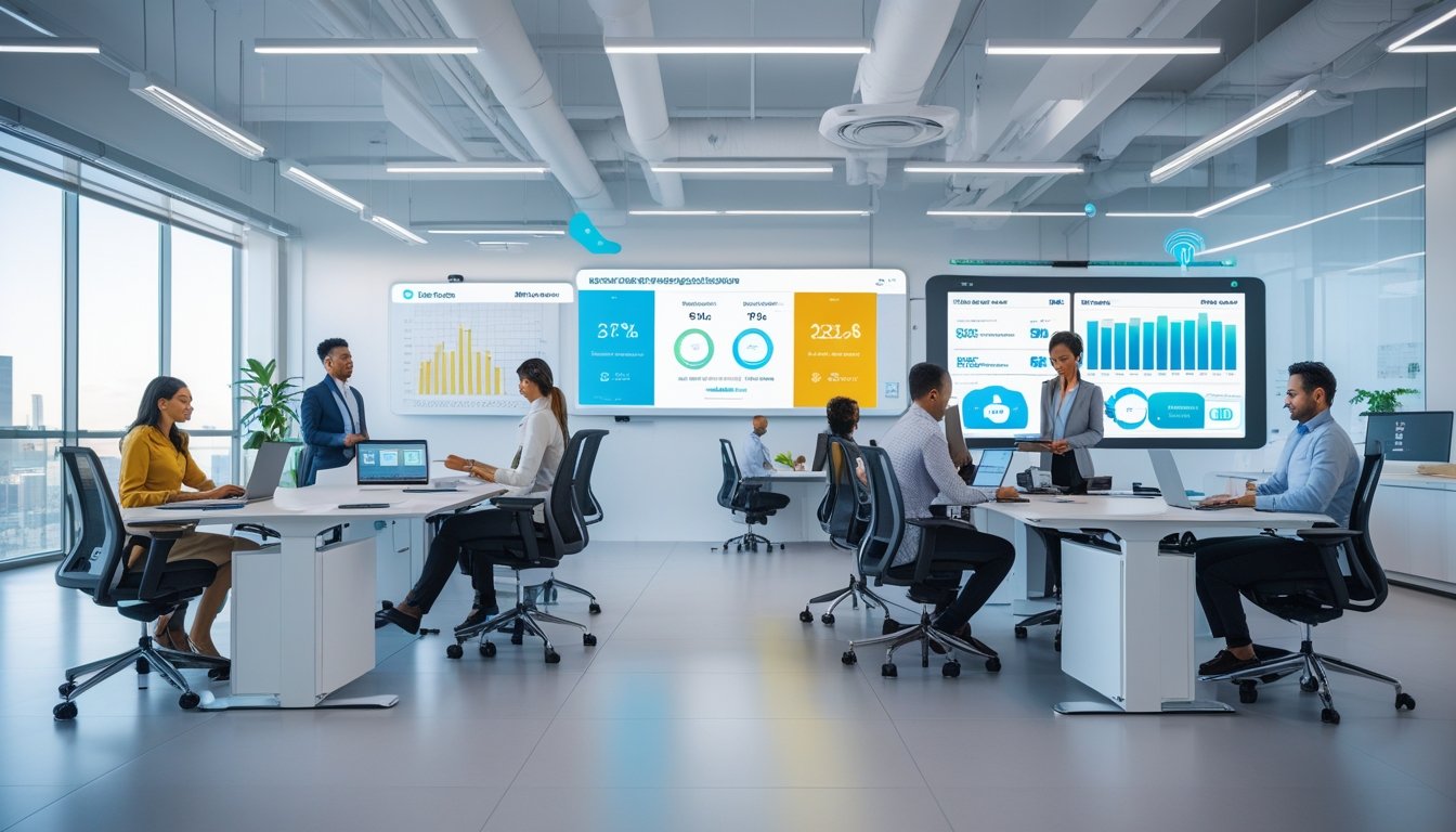 Suasana kantor modern dengan beberapa orang bekerja menggunakan perangkat digital dan teknologi pintar dalam ruang terang dan terbuka.