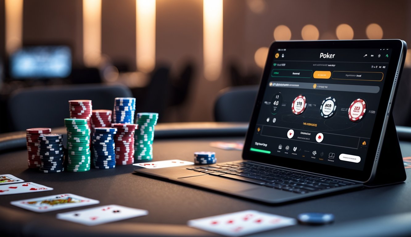 Meja poker dengan kartu, chip, dan perangkat digital yang menampilkan permainan poker online.