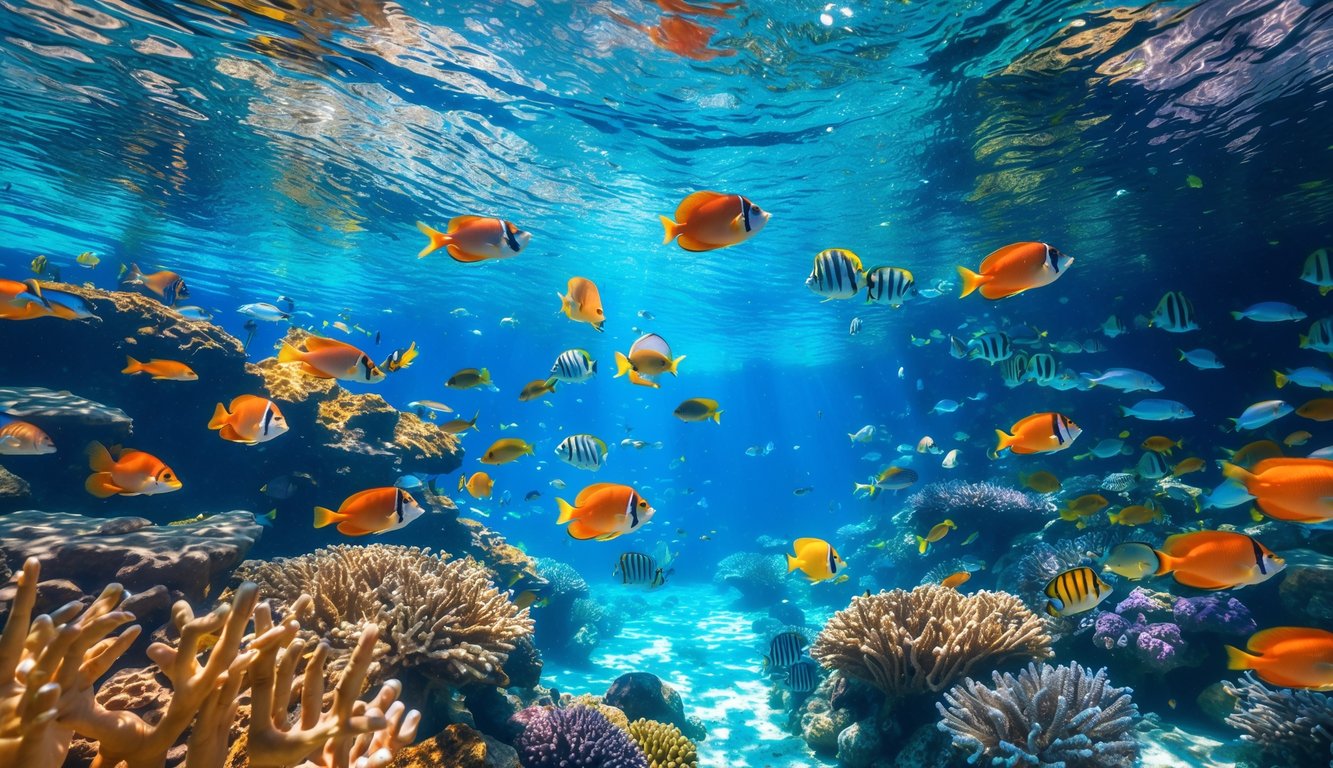 Pemandangan bawah laut dengan terumbu karang berwarna-warni dan berbagai ikan tropis yang berenang di antara karang.